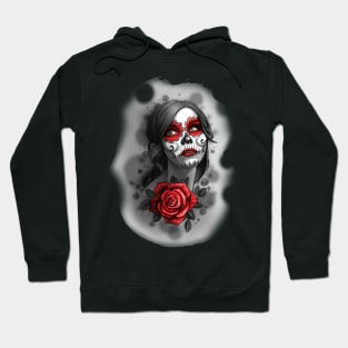 Day of the Dead Girl Red Makeup and Rose Pencil Sketch Hoodie